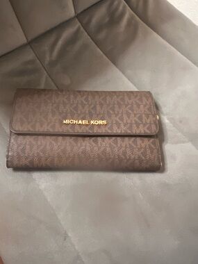 Michael Kors Brown MK Signature Continental Wallet with Gold Logo